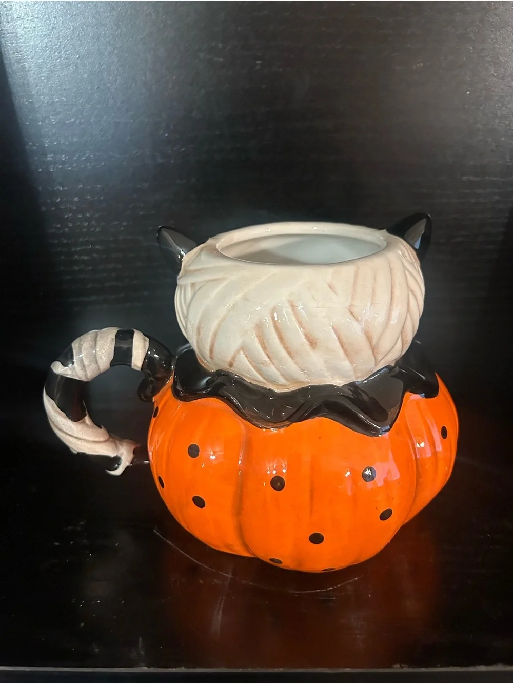 Ceramic Pumpkin Mug with Mummy Cat Accent - Orange and White